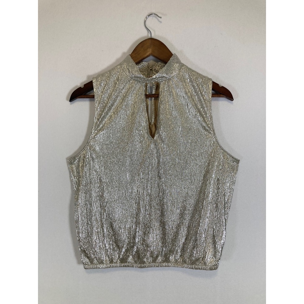 Disco Glam Express Women Medium Gold Silver Metallic Keyhole Plisse Blouson Top